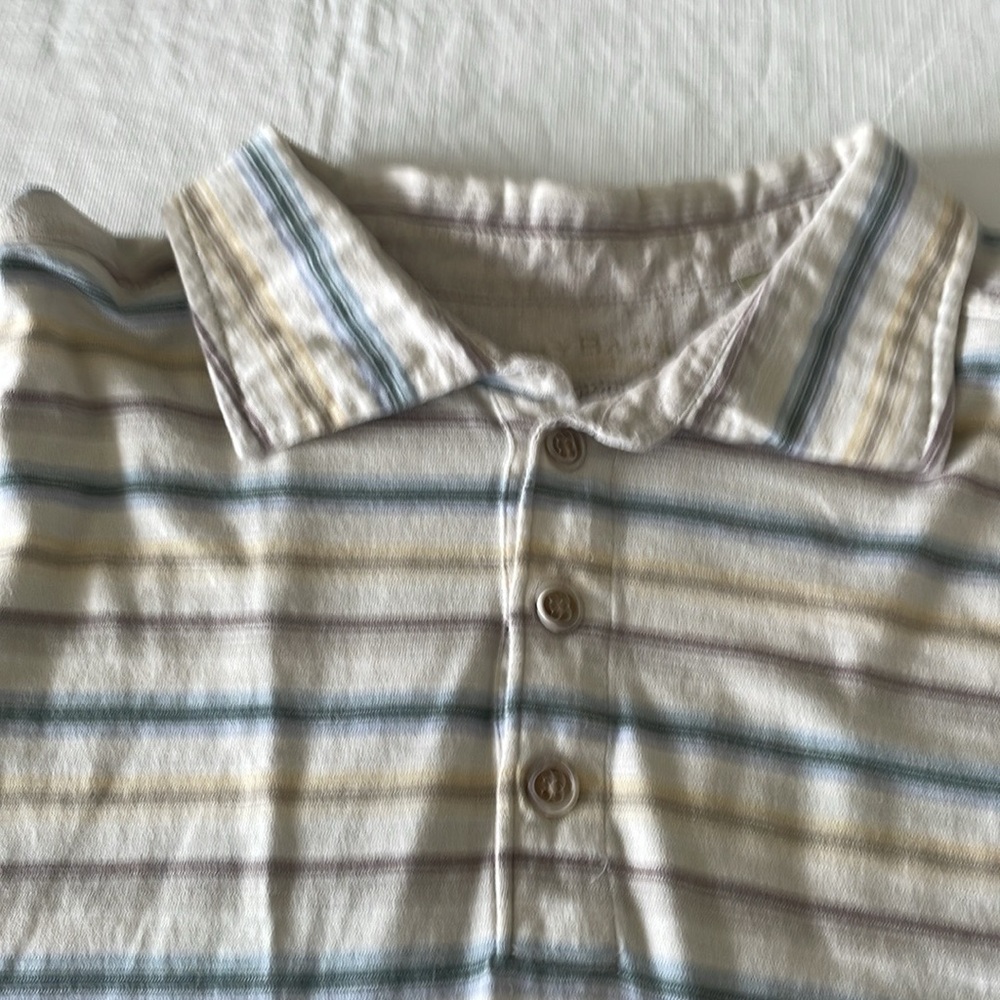 Tommy Bahama XXL Short Sleeve Shirt in blue/brown/tan striped pattern
